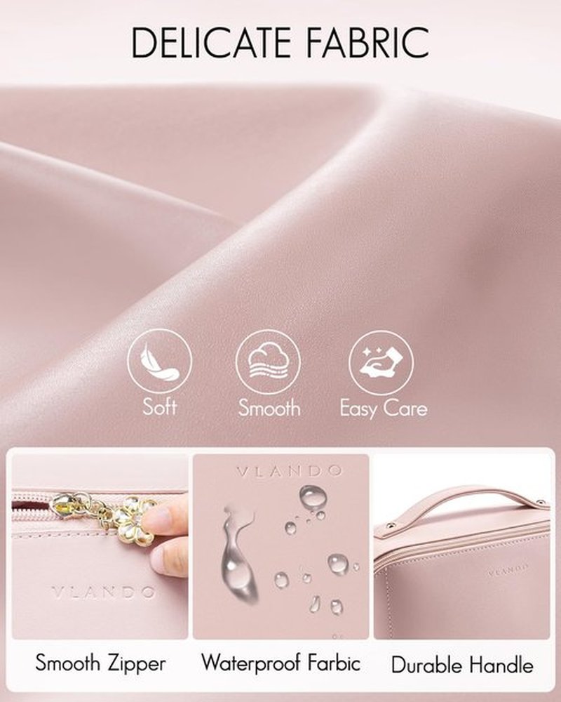 Vlando Travel Makeup Bag,Travel Toiletry Bag for Women Waterproof Portable Makeup Organizer Bag with Divider and Handle for Travel Essentials Skincare Brushes,Gifts for Women-Pink