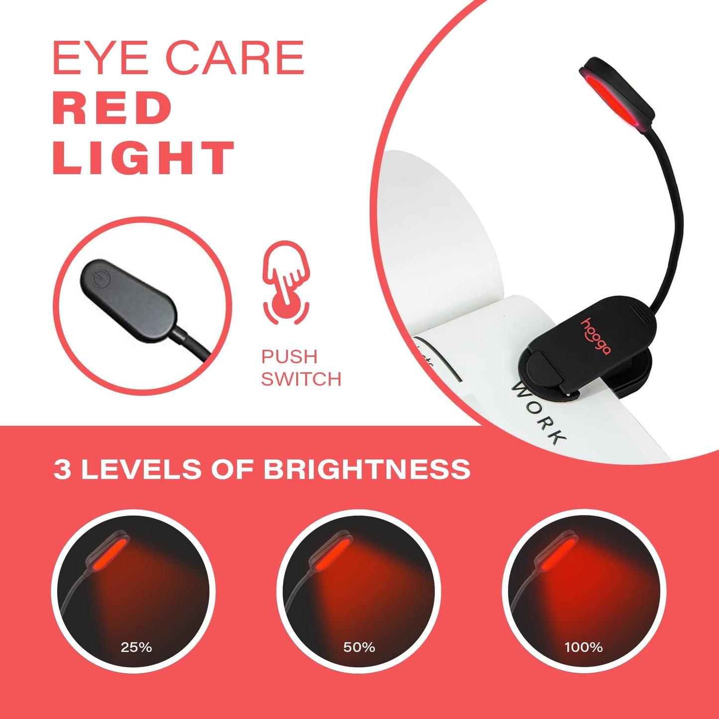 hooga Red Book Light, Rechargeable Clip On 625nm LED Light for Reading in Bed. No Blue Light Emitted, Eye Care Light for Strain-Free, Healthy Eyes. Gift for Students, Kids, Travel, Nursing, Studying.