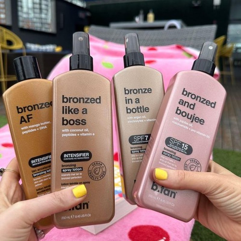 b.tan SPF 7 Sun Tanning Lotion Spray | Bronze In a Bottle - Outdoor Bronzing Spray Lotion, Packed with Argan Oil, Electrolytes, & Vitamin C, Vegan Friendly, Austrailian Brand, 8.45 Fl Oz