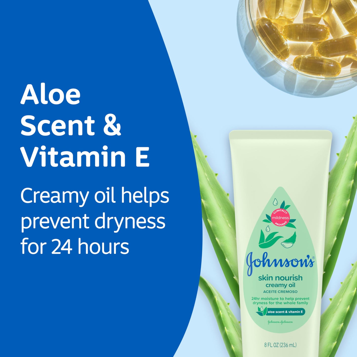 Johnson's Skin Nourish Creamy Oil, Aloe Scent & Vitamin E, Creamy Oil Helps Prevent Dryness & Moisturizes Baby's Delicate Skin for 24 Hours, Hypoallergenic & Non-Greasy, 8 fl. oz