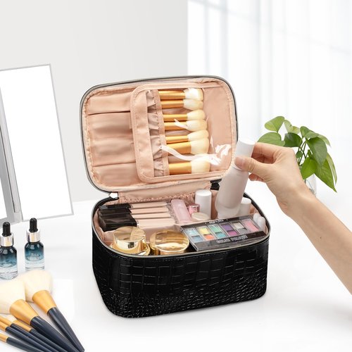 OCHEAL Makeup Bag, Portable Cosmetic Bag, Large Capacity Travel Makeup Case Organizer, Black Makeup Bags for Women Toiletry Bag for Girls Traveling With Handle and Divider-Leather