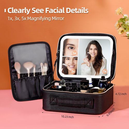 VANMRIOR Travel Makeup Bag with LED Lighted Make up Case with 3X 5X Magnification Mirror Cosmetic Makeup Box Organizer Vanity Case for Women Beauty Tools Accessories Case Rechargeable