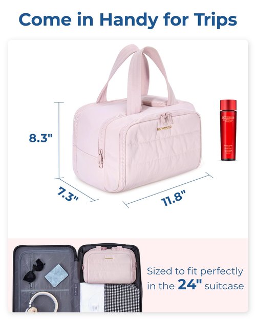 BAGSMART Travel Toiletry Bag, Lightweight Large Wide-open Travel Bag for Women, Puffy Cosmetic Makeup Bag Organizer with Handle for Accessories,Essentials, Toiletries, Pink
