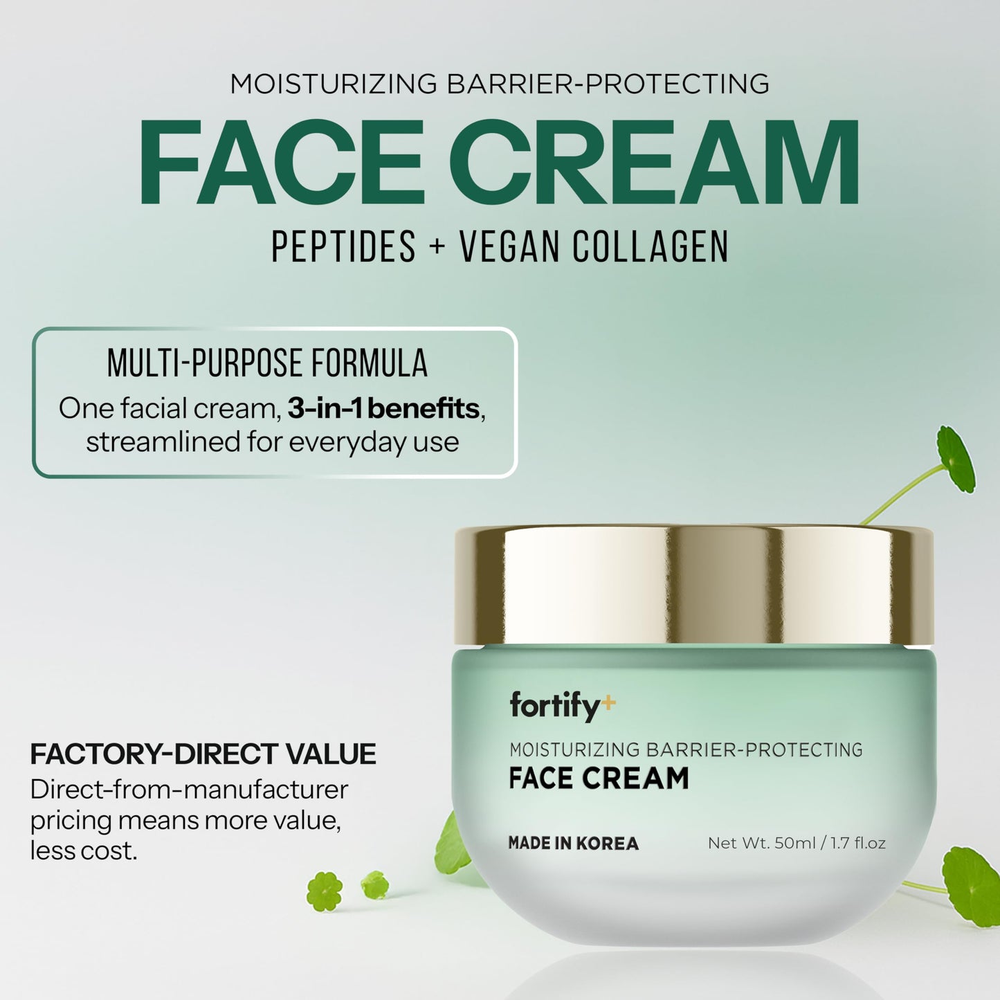 Fortify Skincare Hyaluronic Acid Moisturizer For Face with Collagen & Aloe - Dermatologist-Tested Anti-Aging Korean Skin Care - Ultra Hydrating & Nourishing - Fragrance & Alcohol-Free - 50ML/1.7Fl.Oz