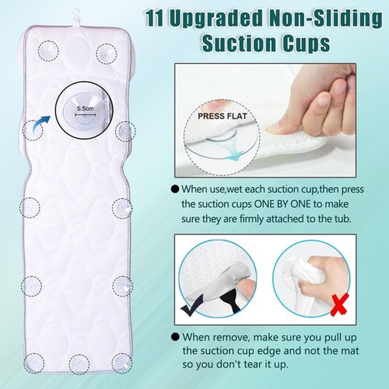 Full Body Bath Pillow, Bathtub Mattress Luxury Cushion with Large Suction Cups, Comfort Support Your Head, Neck, Shoulder, Back and Tailbone, Relax & Quick Drying, White
