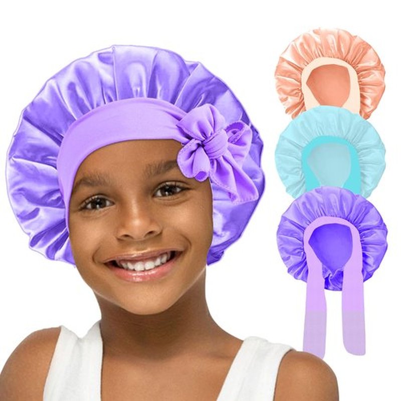 3Pcs Kids Silk Satin Bonnet for Sleeping - Baby Hair Sleep Bonnet,Kids Bonnets for Girls Toddler Child with Wide Elastic Tie Band,Sleep Cap Night Hair Hats for Curly Natural Hair(Purple+Blue+Gold)