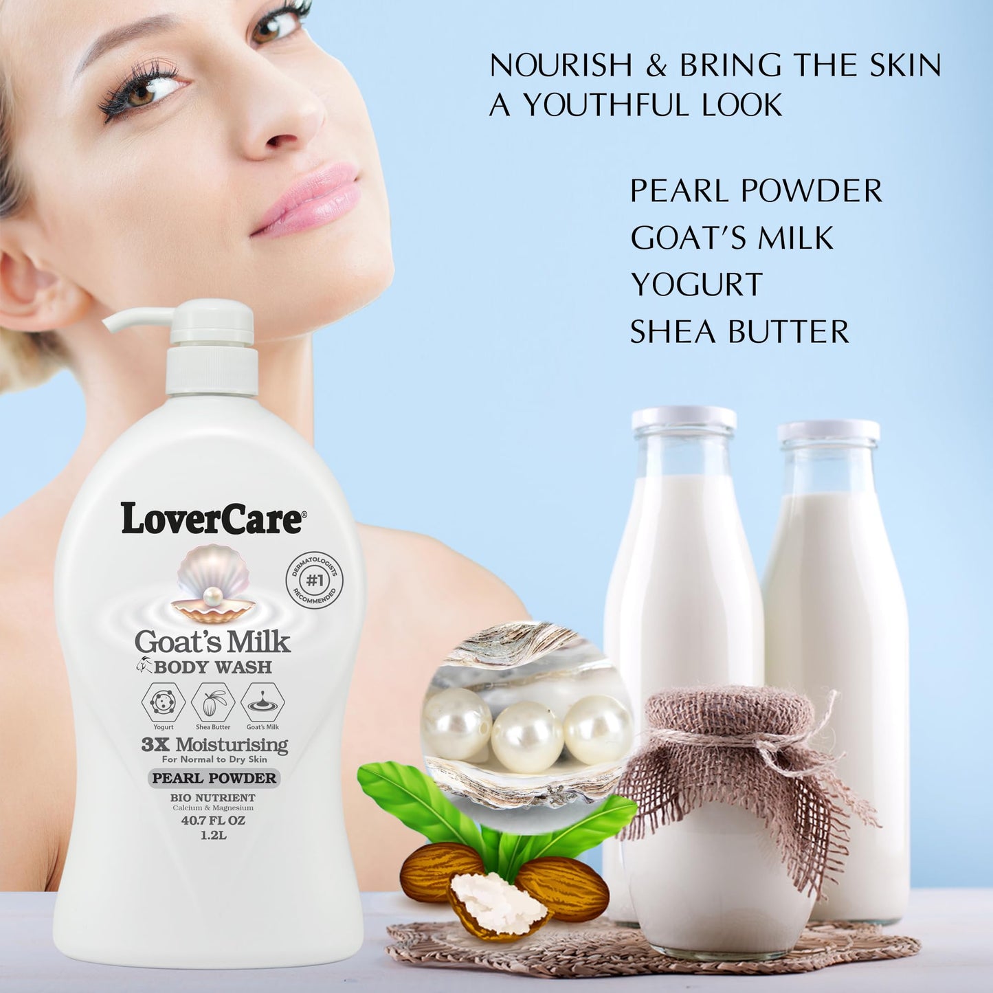 Lover's Care Goat Milk Body Lotion for Dry Skin Pearl 27.05oz (800ml) - Combo Body Lotion & Body Wash…