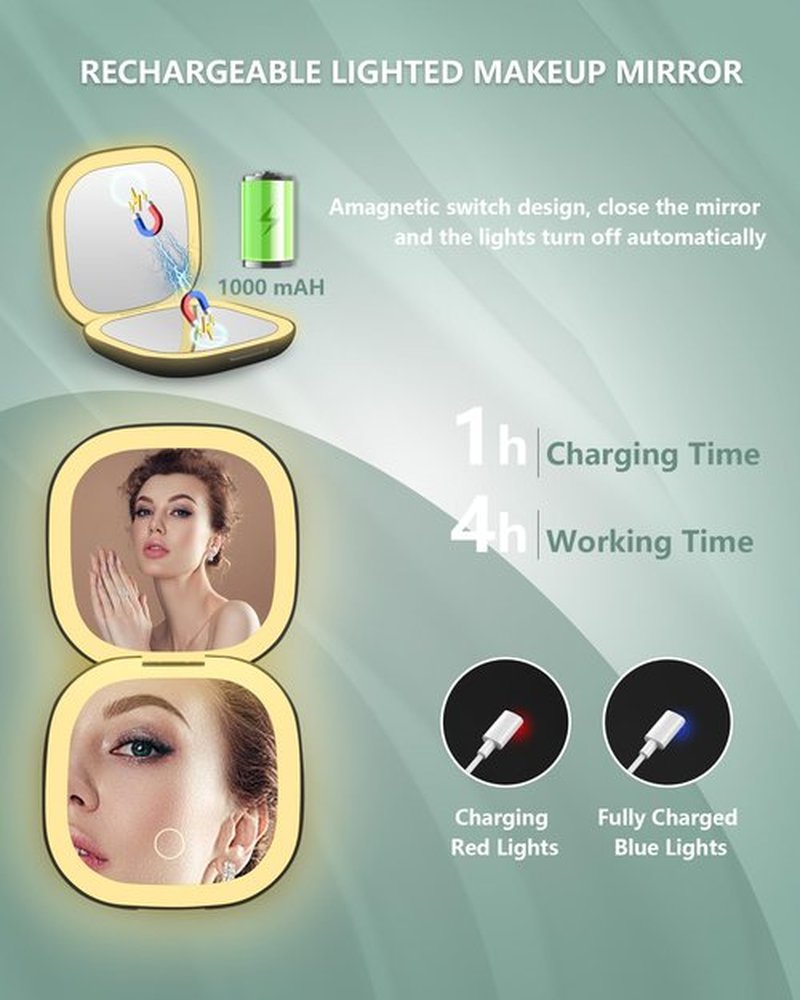 Dec.Metu Compact Mirror, 1X/5X Magnification Pocket Travel Makeup Mirror with Lights for Purse Rechargeable Small Handheld Mirror for Gift Black