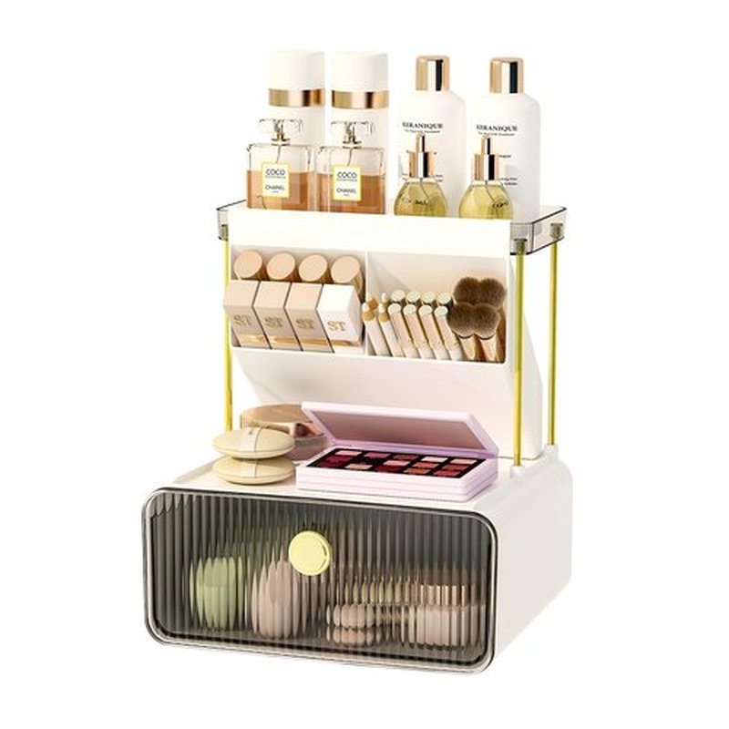 FOLLOWIN Makeup Organizer with Storage Drawer,Cosmetic Display with Lipsticks Brush Holder Perfume Tray,Organize Cosmetics and Beauty Supplies for Vanity,Dresser,Bathroom,Desktop Organizer,Smoky Gray