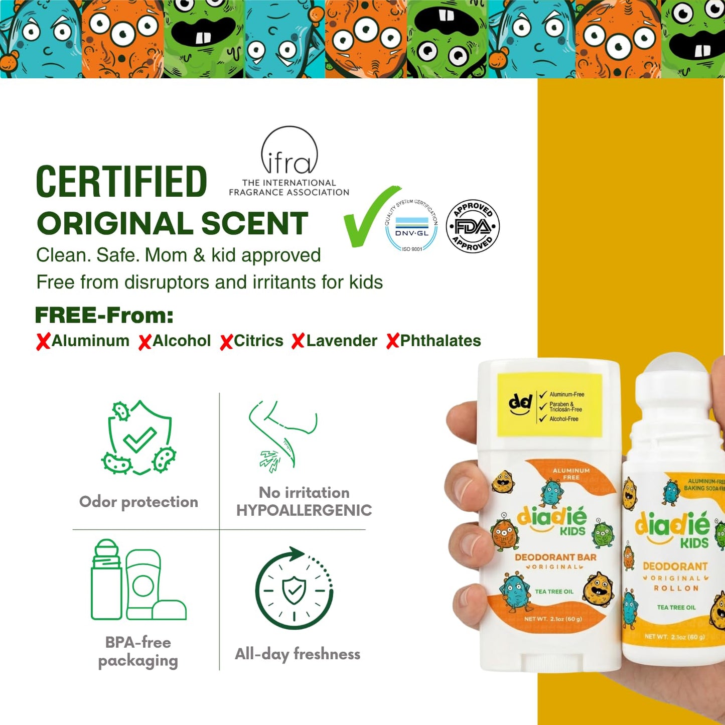 DIADIÉ Kids Natural Deodorant Mix, for Kids, Boys or Girls and Teens, stink free, Aluminum-Free, Paraben-Free, stick & rollon, 2.1oz each, 2 Pack