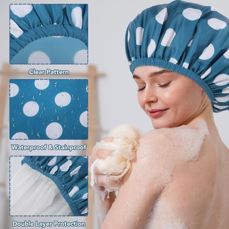 2 Sets Large Shower Caps for Women, Waterproof Shower Cap Double Layers Bath Caps Stocking Stuffers for Women Long Thick Hair (Blue/Green)
