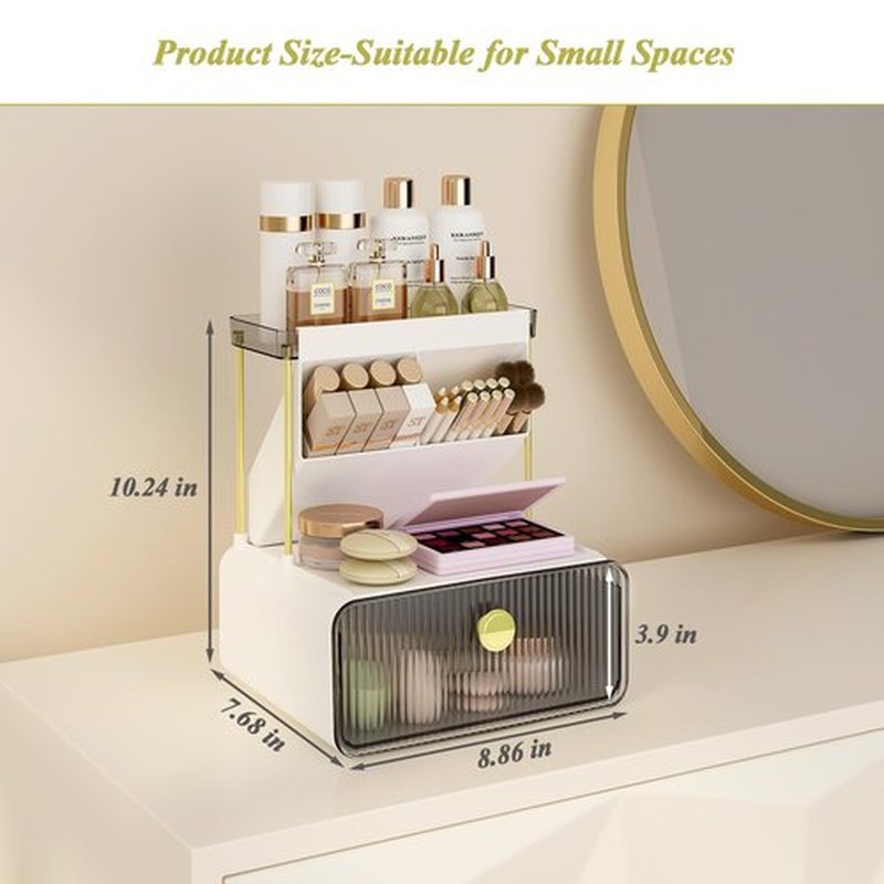 FOLLOWIN Makeup Organizer with Storage Drawer,Cosmetic Display with Lipsticks Brush Holder Perfume Tray,Organize Cosmetics and Beauty Supplies for Vanity,Dresser,Bathroom,Desktop Organizer,Smoky Gray