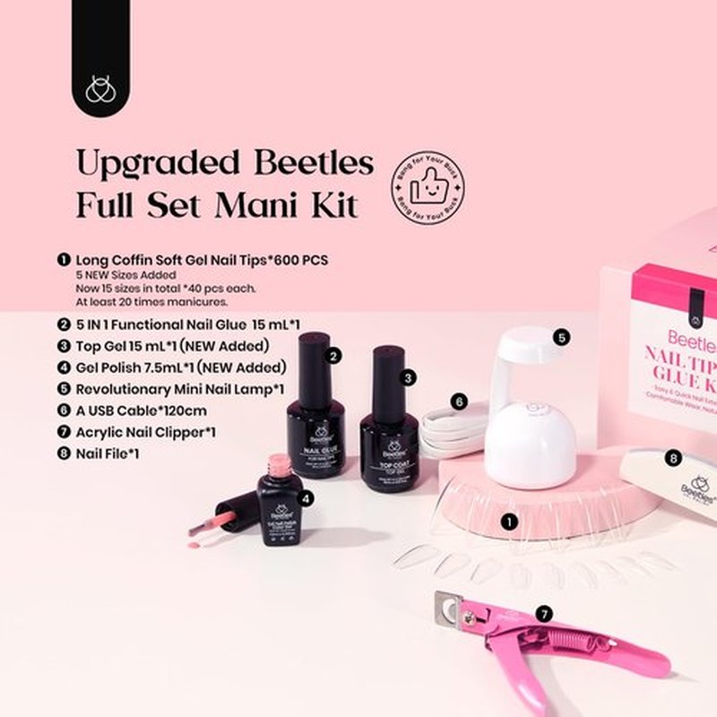 Beetles Gel Nail Kit 600Pcs Long Coffin Nail Tips with Pink Gel Polish Top Coat,15 Sizes Beetles Gel X Soft Clear Press on Nails 5 In 1 Nail Glue Uv Nail Lamp Easy Nail Extension Set for Women