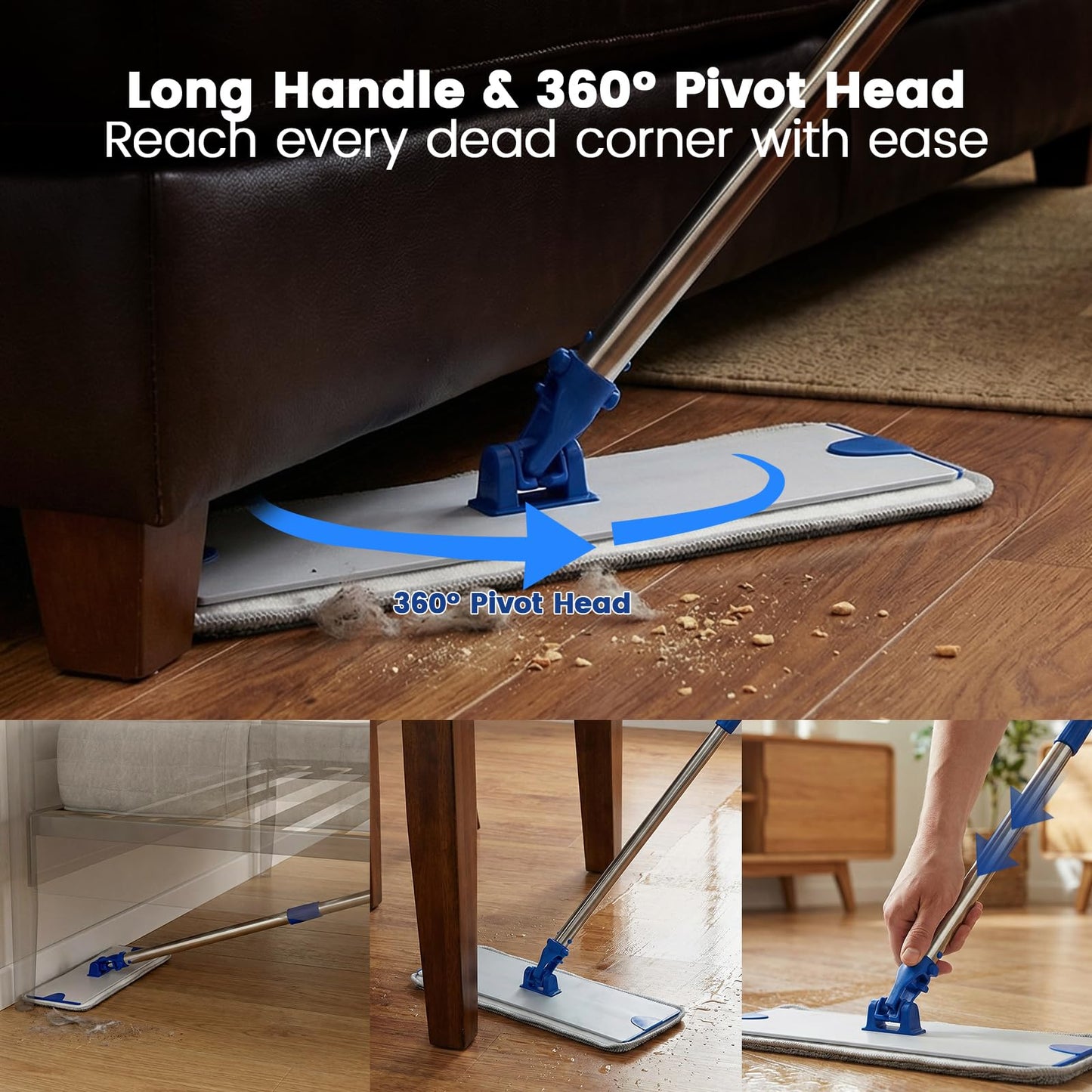 18 in Microfiber Flat Mop Cleaning System, Floor Mops with Stainless Steel Handle, Tangle-Free Mop Head, 4 Reusable Washable Dust Pads, Wet Mopping for Hardwood Tile Laminate