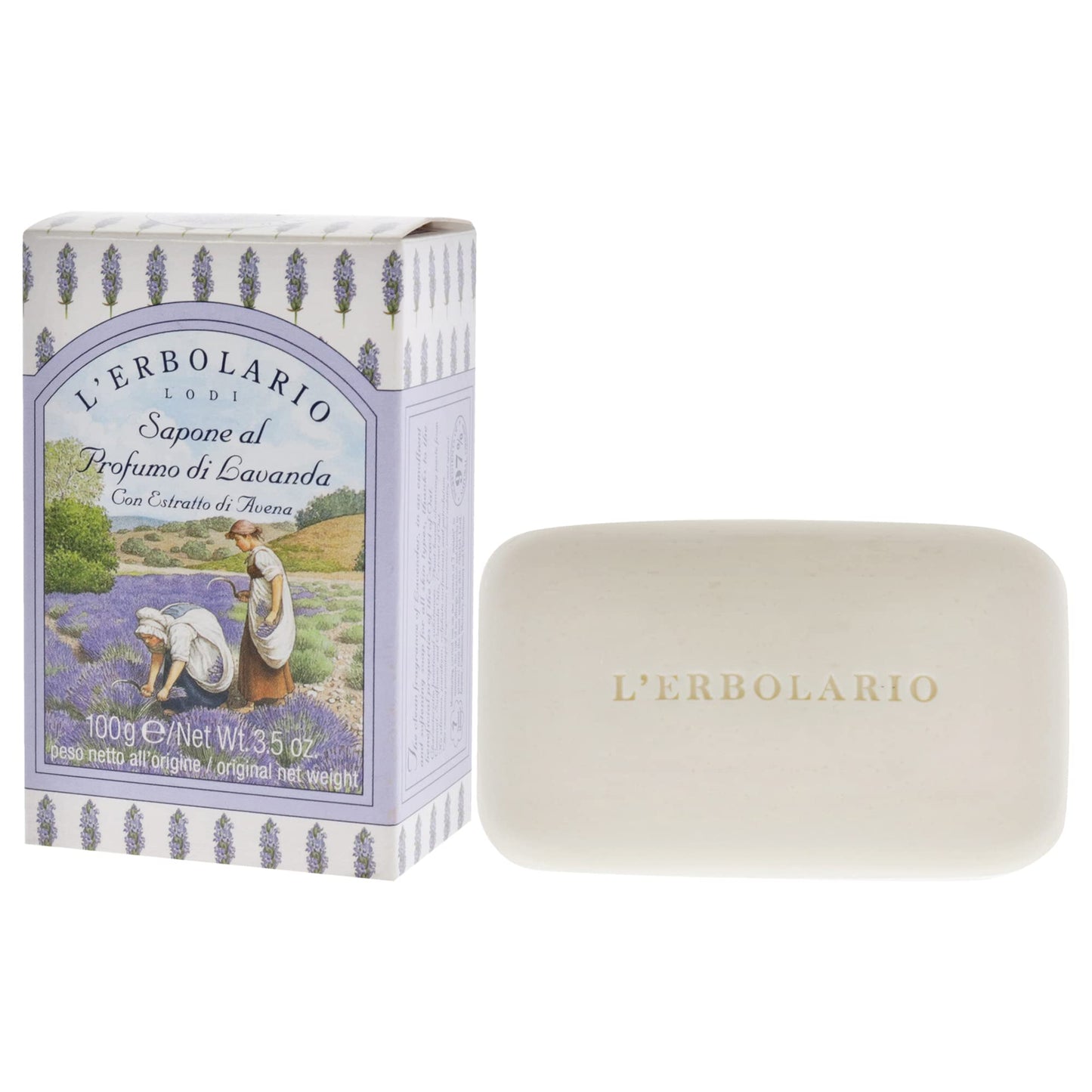 L'Erbolario Lavender Perfumed Soap Bar - Gentle Cleanser - Coconut, Sunflower & Canola Oils - Moisturizing Formula - 3.5 Oz