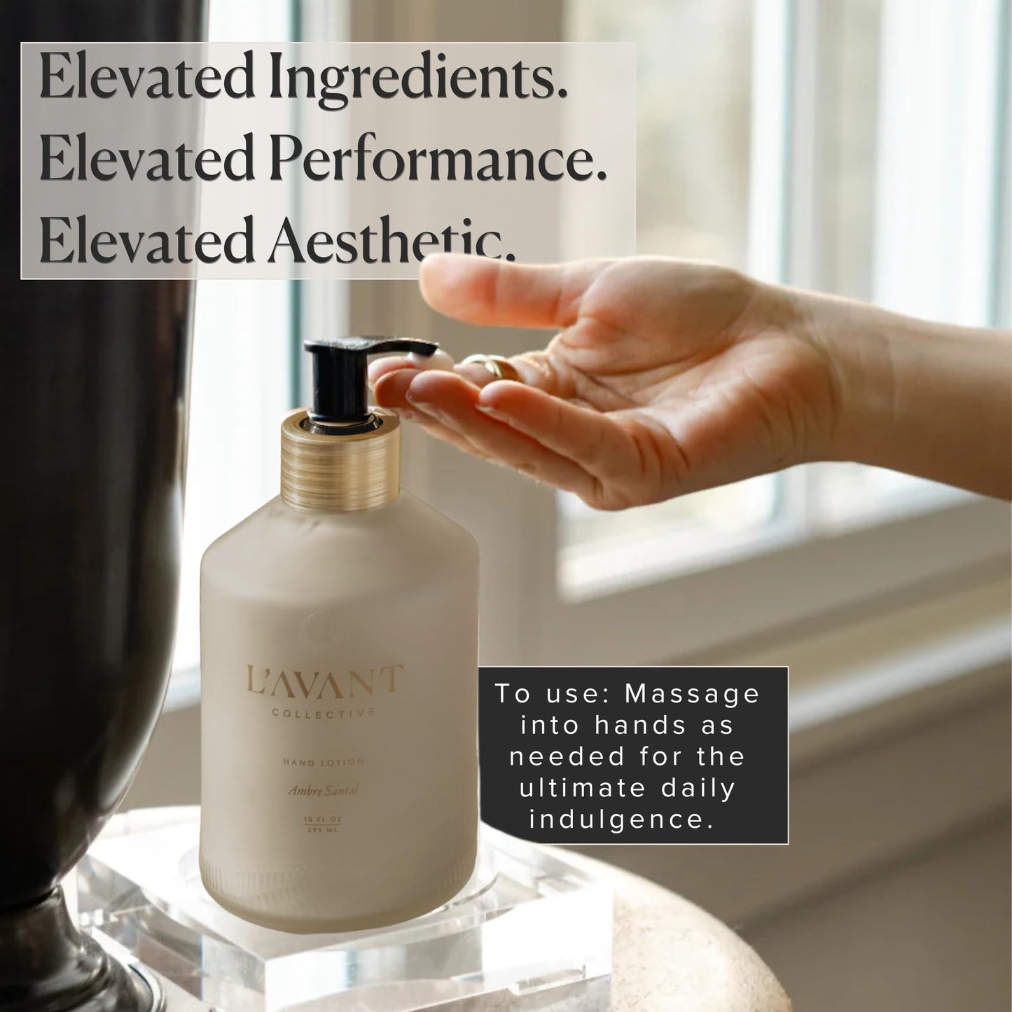 L'AVANT Collective Luxury Hand Lotion | Moisturizing Plant-Based Hand Cream with Pump, Non-Toxic, Lightweight Formula, Refillable Glass Bottle | 10 Fl Oz, Bathroom & Kitchen | Ambre Santal