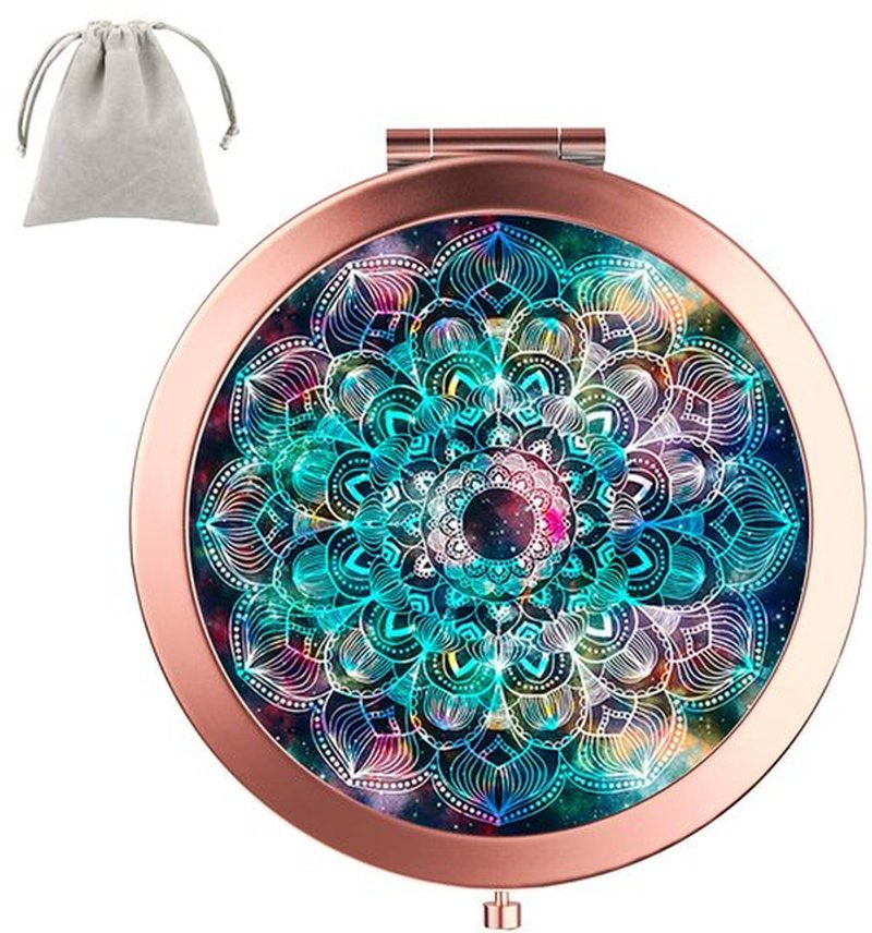 Dynippy Compact Mirror Rose Gold Makeup Mirror Folding Mini Pocket Mirror Portable Hand Mirror Double-Sided 2 x 1x Magnification for Woman Girls (Galaxy Mandala)