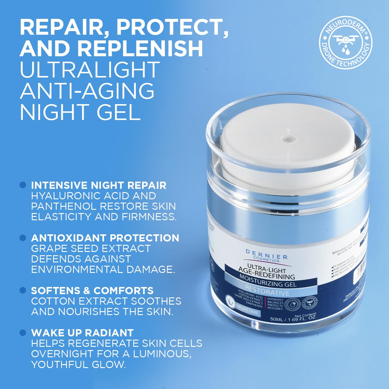 Dernier Overnight Face Gel, Hyaluronic Acid & Panthenol, Skin Repair