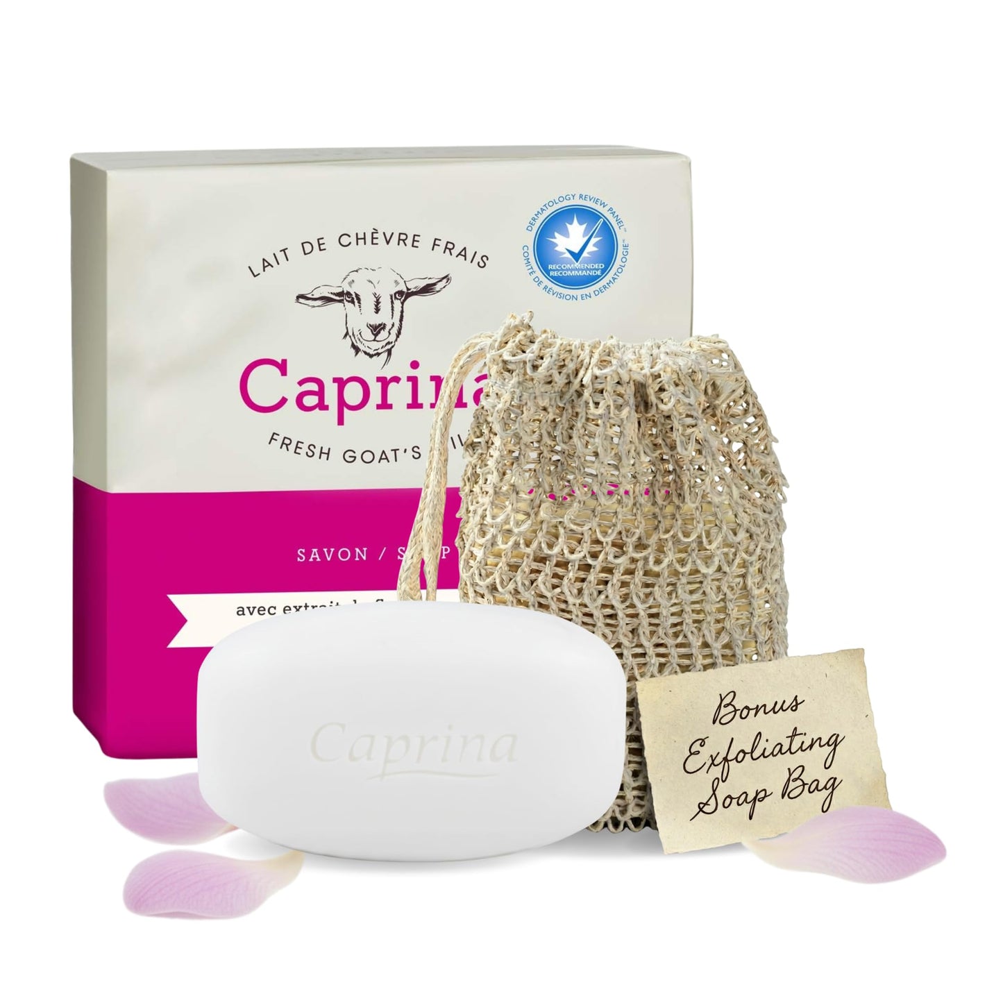 Caprina by Canus Goat Milk Soap Bar, ORCHID FLOWER, 3.2 oz (90 g) Bars, 3-Pack, Moisturizing Daily Cleanser for Face, Hands & Body, Fresh Canadian Goat Milk + Exfoliating Mesh Pouch