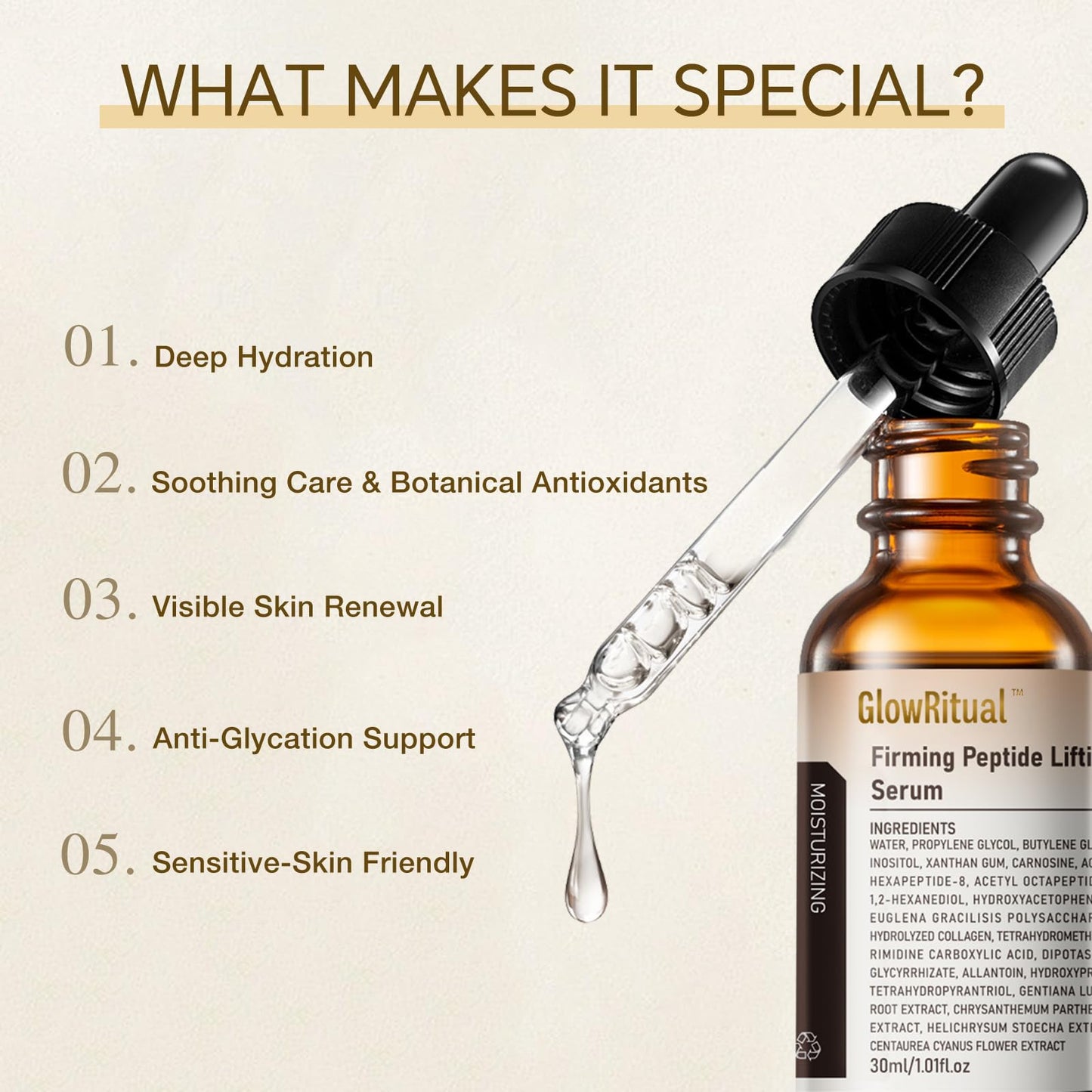 GlowRitual Firming Peptide Lifting Serum, Multi-Peptide Collagen Serum for Face, Daily Anti-Aging Serum to Smooth Fine Lines, Lightweight & Layerable for All Skin Types (1 Pack)