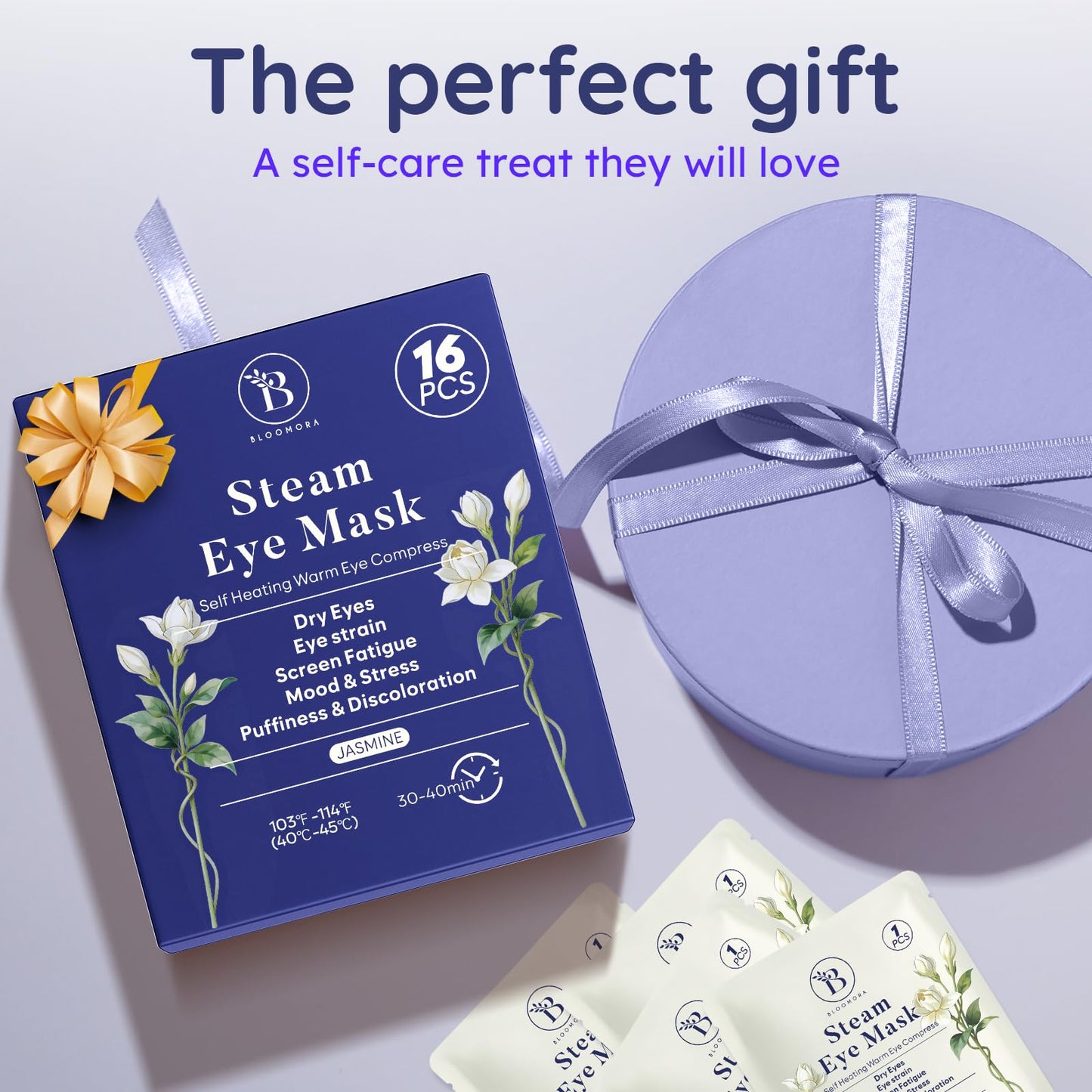 16 Pack Jasmine Steam Eye Mask for Dryness, Puffiness, Strain & Relaxation, Heated Eye Mask for Sleep & Travel, Self-Heating & Disposable Warm Compress, Travel Essentials, Relaxation Gifts for Women