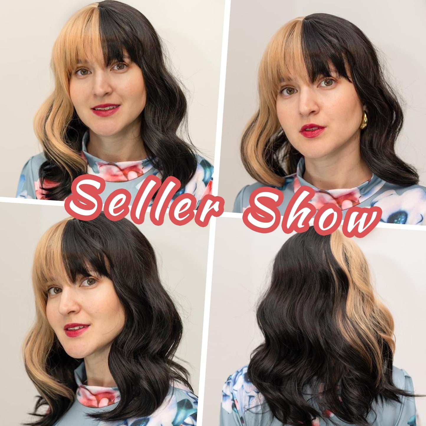 LINGHANG Black and Blonde Wig for Women Shoulder Length Wavy Wigs with Bangs Women's Synthetic Wigs Heat Resistant Hair for Cosplay Halloween Daily Party Use