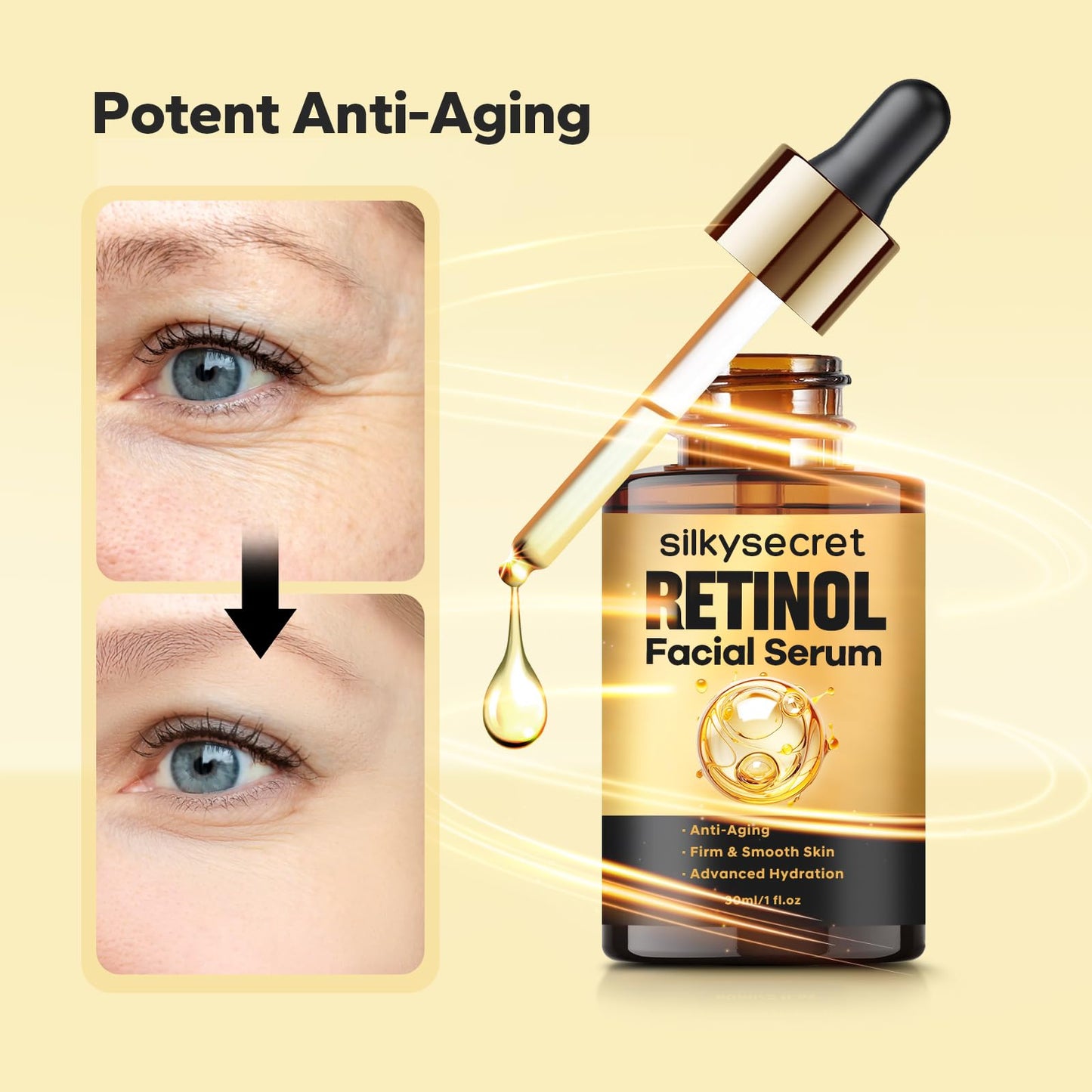 SilkySecret Retinol Serum for Face (1 Fl OZ), 2% Retinol + Vitamins C&E, Aging Facial Serum for Men & Women, Smooths Fine Lines, Resurfacing Potent Anti-Aging, Skincare Essential