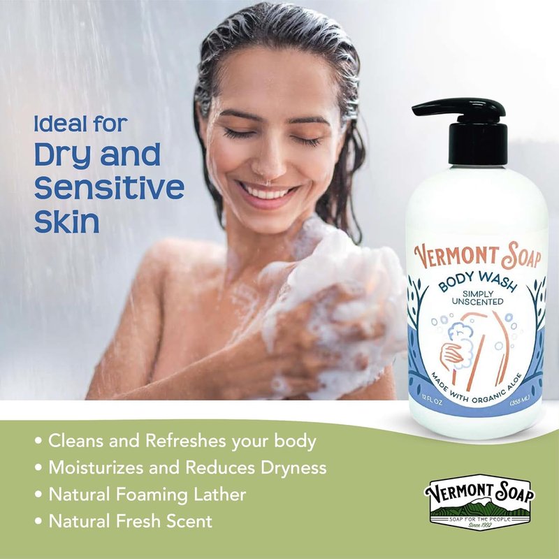 VERMONT SOAP Body Wash, Natural Body Wash with Shea Butter, Mild Gel Body Wash for Moisturizing and Soothing Skin, Fragrance Free Body Wash for Women & Men (Simply Unscented, 12oz)