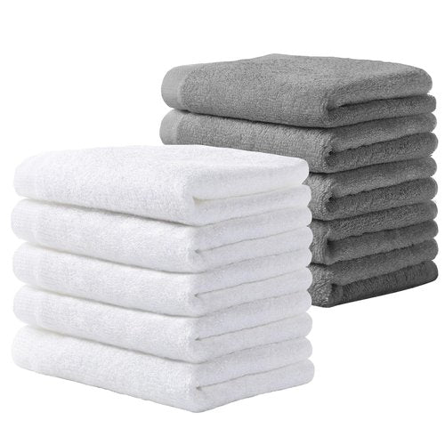 Yoofoss Luxury Washcloths Towel Set 10 Pack Baby Wash Cloth for Bathroom-Hotel-Spa-Kitchen Multi-Purpose Fingertip Towels & Face Cloths - White+Grey
