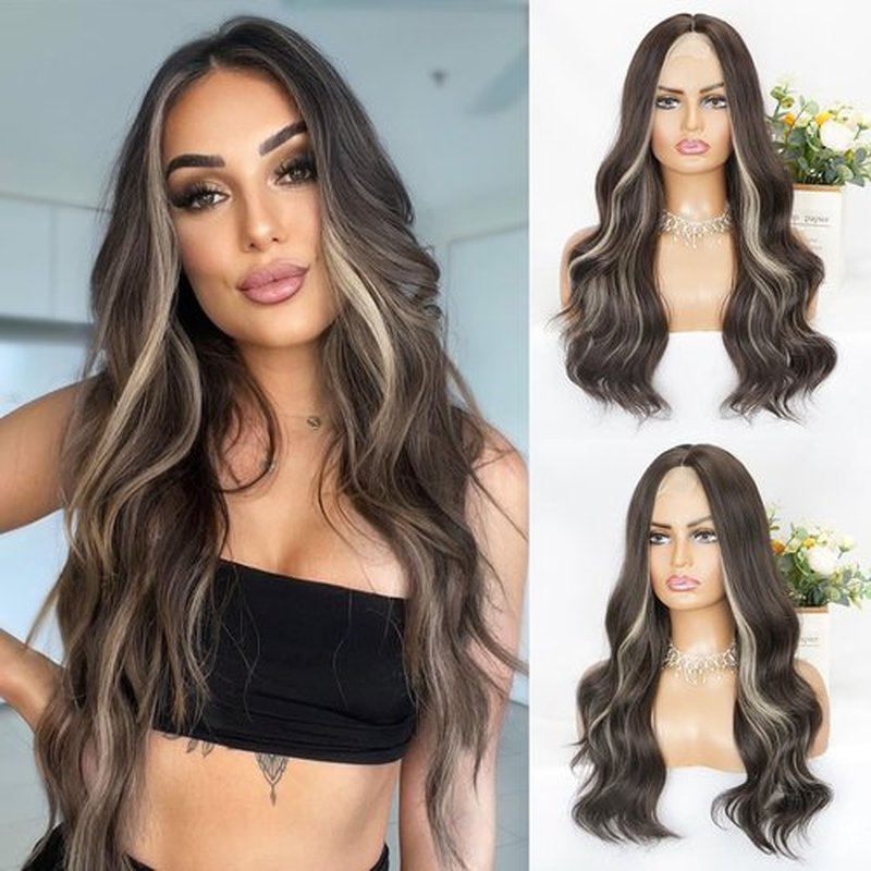 Long Brown Mixed Blonde Wig for Women 24 Inch Brown Wavy Wig Synthetic Middle Part Highlights Color Wigs Natural Looking Heat Resistant Fiber Wig for Daily Party Use (Brown Mixed Blonde)