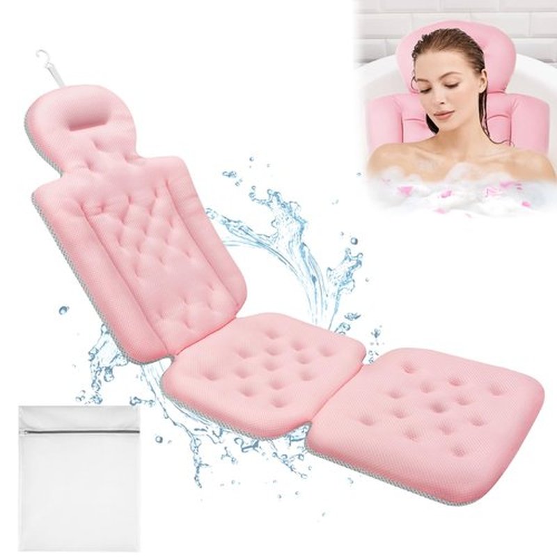 Luxury Full Body Bath Pillow for Bathtub, Bath Pillows for Tub with Mesh Laundry Bag & Non-Slip Suction Cups, Cushion for Bathtub Headrest Neck Back Support - 5D Air Mesh & Quick Drying | Pink