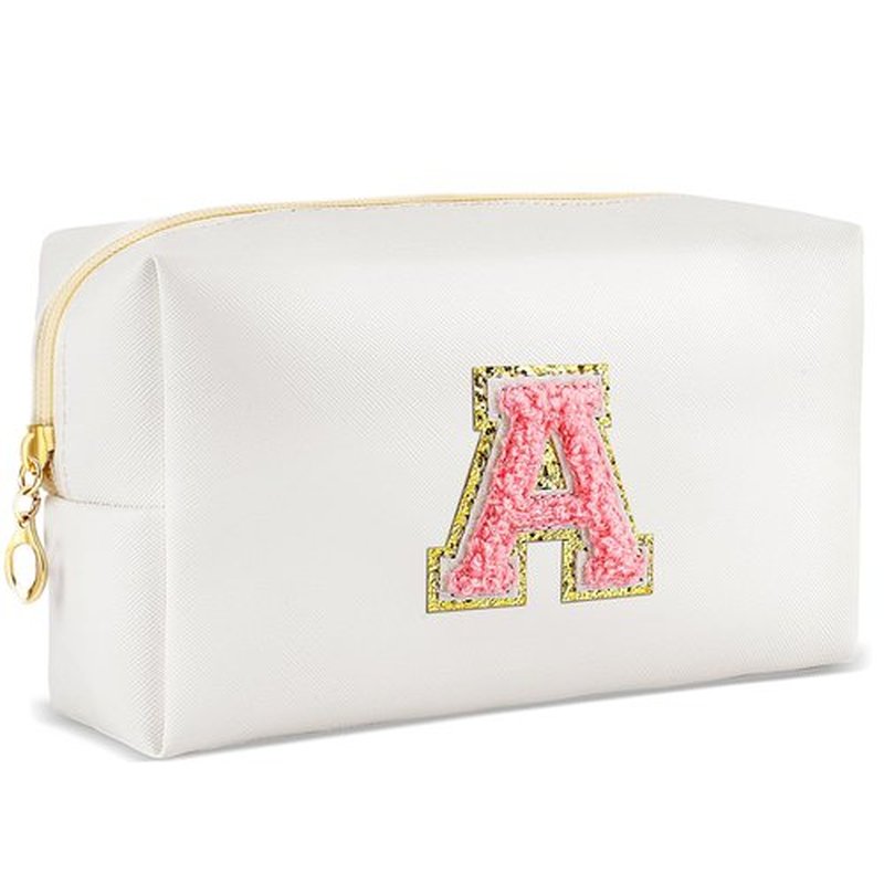 URSKYTOUS Initial Makeup Bag Personalized Preppy Travel Small Cosmetic Bag Cute PU White Chenille Letter Makeup Pouch for Purse Waterproof Zippered Toiletry Organizer for Women Girls Kids Friends (A)
