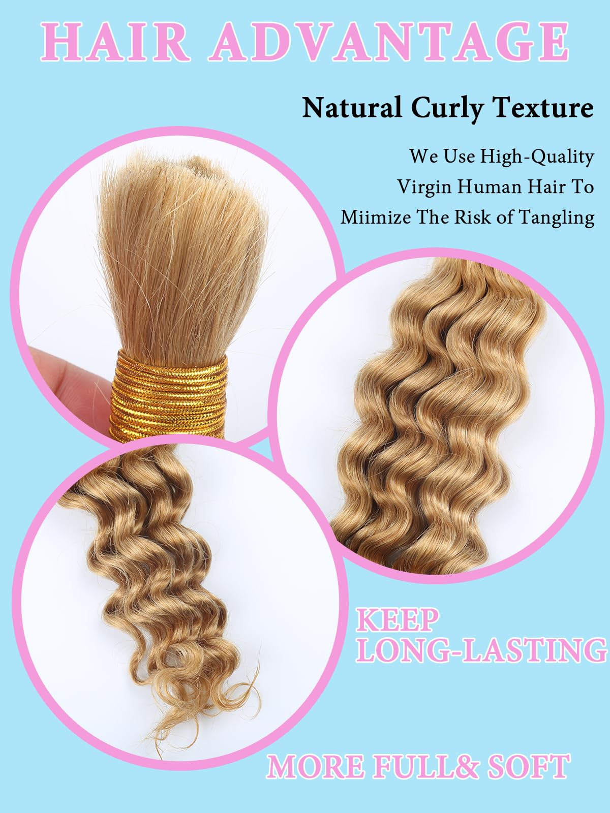 Honey Blonde Human Braiding Hair for Boho Braids 2 Bundles 20 Inch 100g #27 Deep Water Wave Bulk Human Hair for Braiding Wet and Wavy Curly Bundles No Weft Micro Braiding Hair Human Hair Extensions