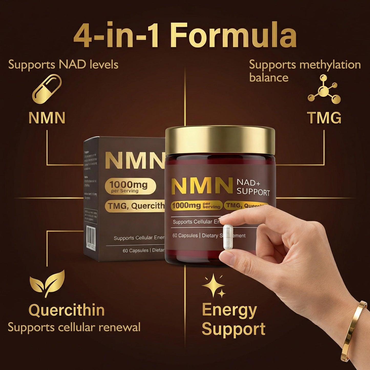 NMN Supplement 1000mg, 4-in-1 Liposomal NMN 1000mg Pure Organic for NAD+ Supplement with Quercetin, TMG, NMNH Alternative, Supports Cellular Energy & NAD+ Levels, Third-Party Tested, 60 Capsules