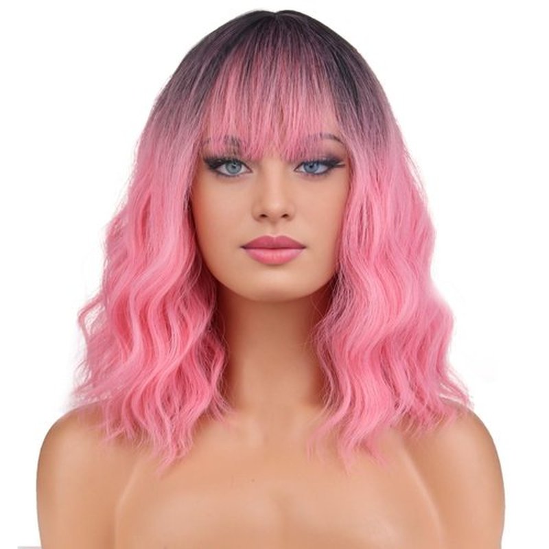 BERON 14 Inches Black Pink Ombre Wig Short Curly Wig with Bangs Pink Wig Synthetic Wigs Women Girls Ombre Wig with Wig Cap