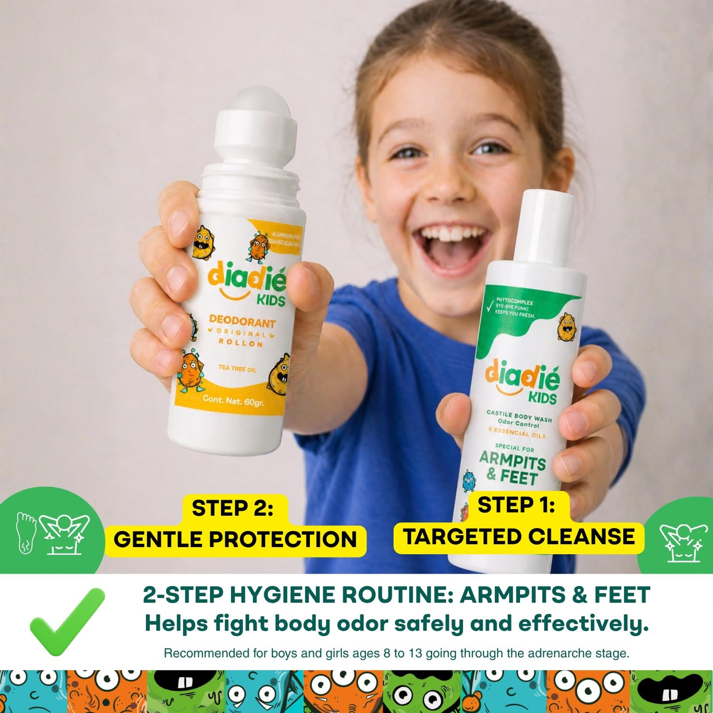 Diadié Kids Natural Mix pack Natural deodorant rollon and a Castile Liquid Body Odor Soap/Wash, For Armpits, feets, body odor protection, 5 Essential Oils, 2 Pack