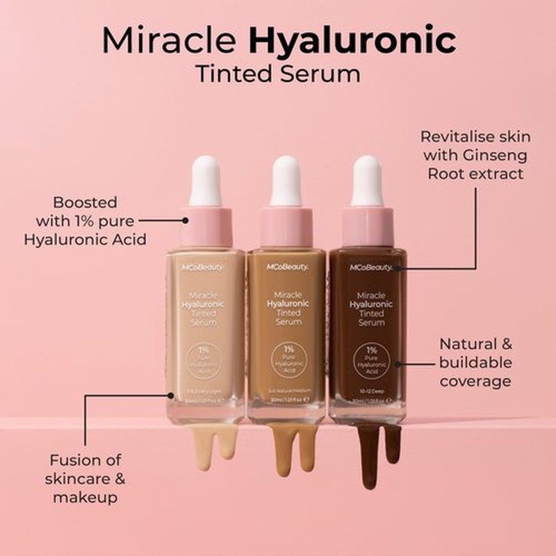 MCoBeauty Miracle Hyaluronic Tinted Serum, 2-3 Light, Hydration & Glow for Radiant Skin, Vegan, Cruelty Free Cosmetics
