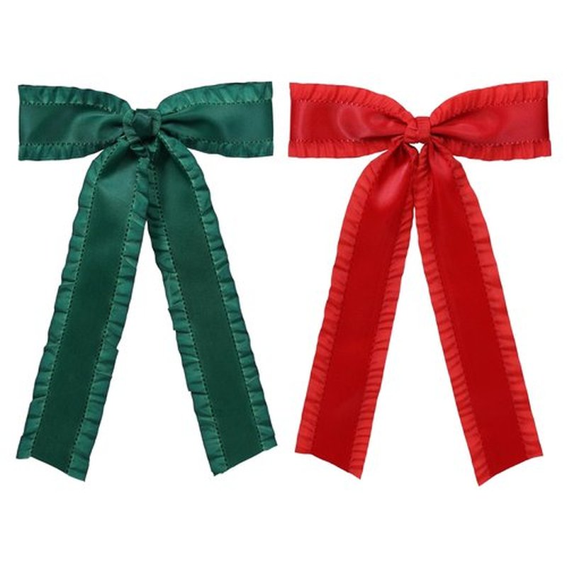 2PCS Hair Bows for Women Girls, Silky Satin Ruffle Tassel Hair Ribbon Bowknot Hair Clips Barrettes Hair Accessories for Girl with Long Tail Set Red,Dark Green 5.5inch