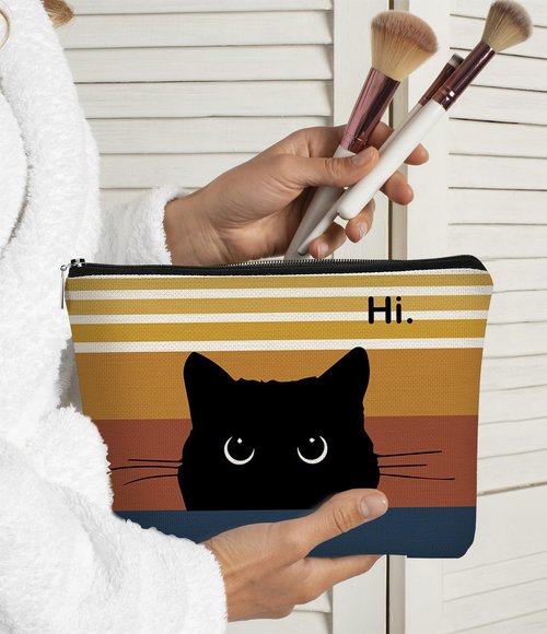BARPERY Cat Makeup Bag, Cute Makeup Bag, Cat Gifts for Cat Lovers Women, Black Cat Gifts, Hi Black Cat Kitty Cosmetic Bag, Cat Makeup Pouch, Cat Stuff for Cat Lovers (Sunset color)