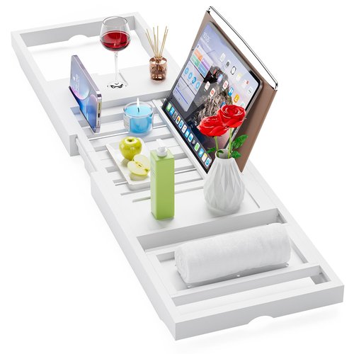 Yirilan Foldable Bathtub Caddy, Expandable Bath Caddy Tray, Unique House Warming Gifts, New Home, Anniversary and Wedding Gifts for Couple, White