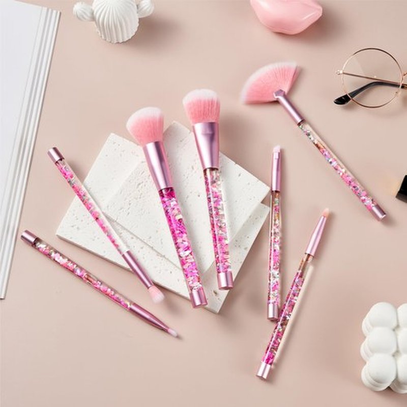 Hawetimher Makeup Brushes Set for Girls, Pink Liquid Flows 7PCS Foundation Fan Powder Blush Lip Eye Shadow Eyebrow Eye Blender Brush Set for Girls Teen Kids as Gift Present