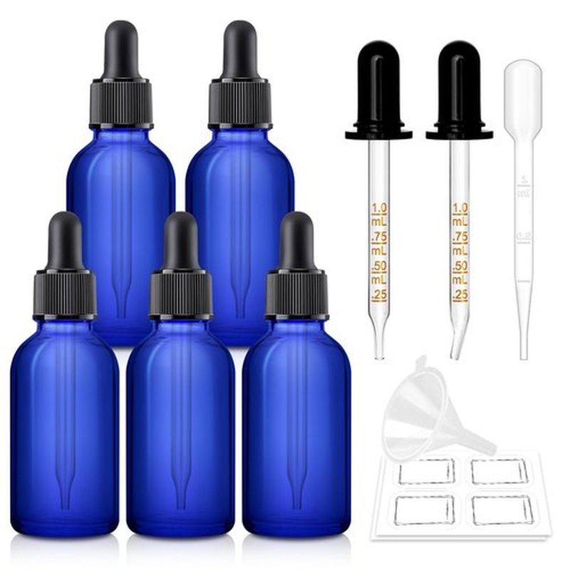 Bumobum Dropper Bottle 1 oz, 5 Pack Dark Glass Bottle with Dropper, 30ml Eye Dropper Bottle with 2 Extra Dropper, 1 Funnel, 1 Pipette & 8 Labels, Dropper for Essential Oils Serums Hair Oils Medicine