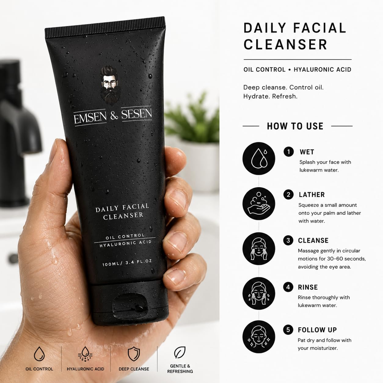 EMSEN & SESEN Mens Daily Facial Cleanser - Deep Cleansing & Hydrating Face Wash with Volcanic Soil, Aloe Vera, Hyaluronic Acid, Vitamin E & Chamomile