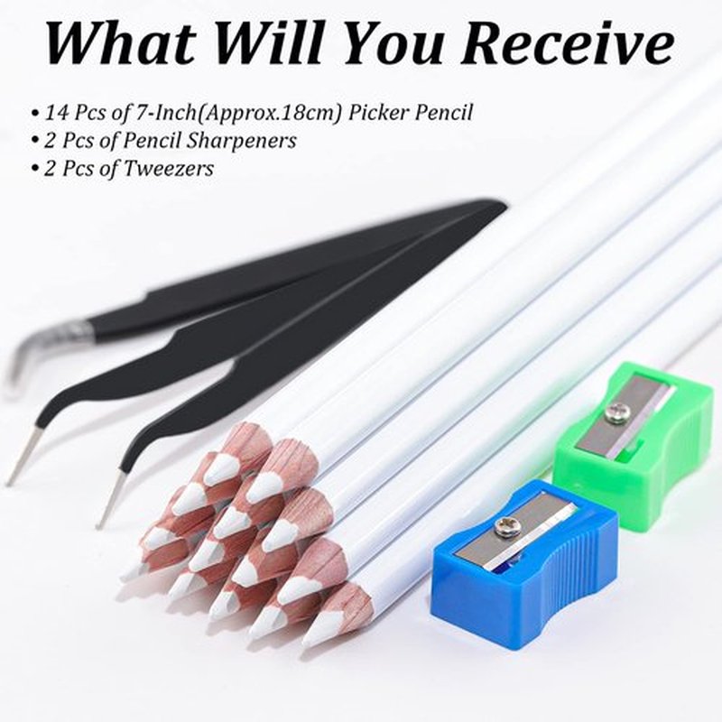 Rhinestones Picker Pencil for Nail Art Gem Crystal Pick up Tool 7-inch Rhinestone Pickup Pen 14Pcs with Pencil Sharpener 2Pcs + Tweezers 2Pcs