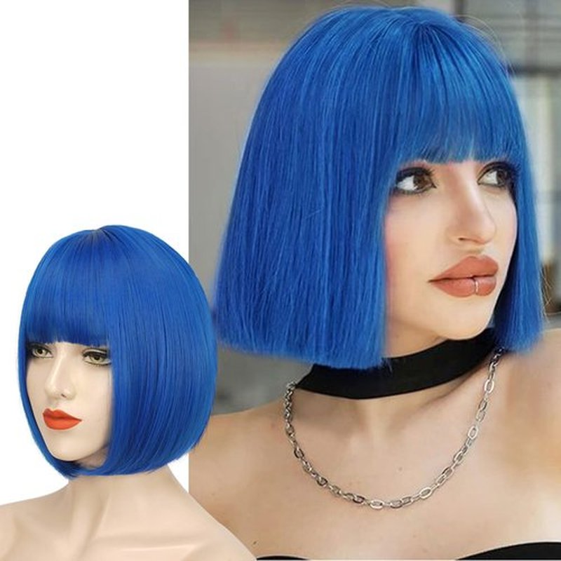 SOFEIYAN Short Straight Bob Wigs with Bangs 11 inch Synthetic Daily Party Cosplay Hair Wig for Black Women, Dark Blue