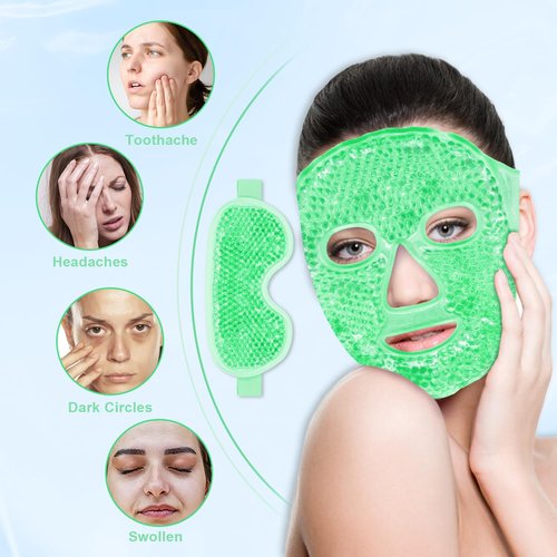 Cooling Eye Mask and Ice Face Mask Set for Reducing Puffiness, Bags Under the Eyes, Sinus, Redness, Pain Relief, Dark Circles, Migraine, and Hot Cold Use Reusable with Super Soft Lining (Green Set)