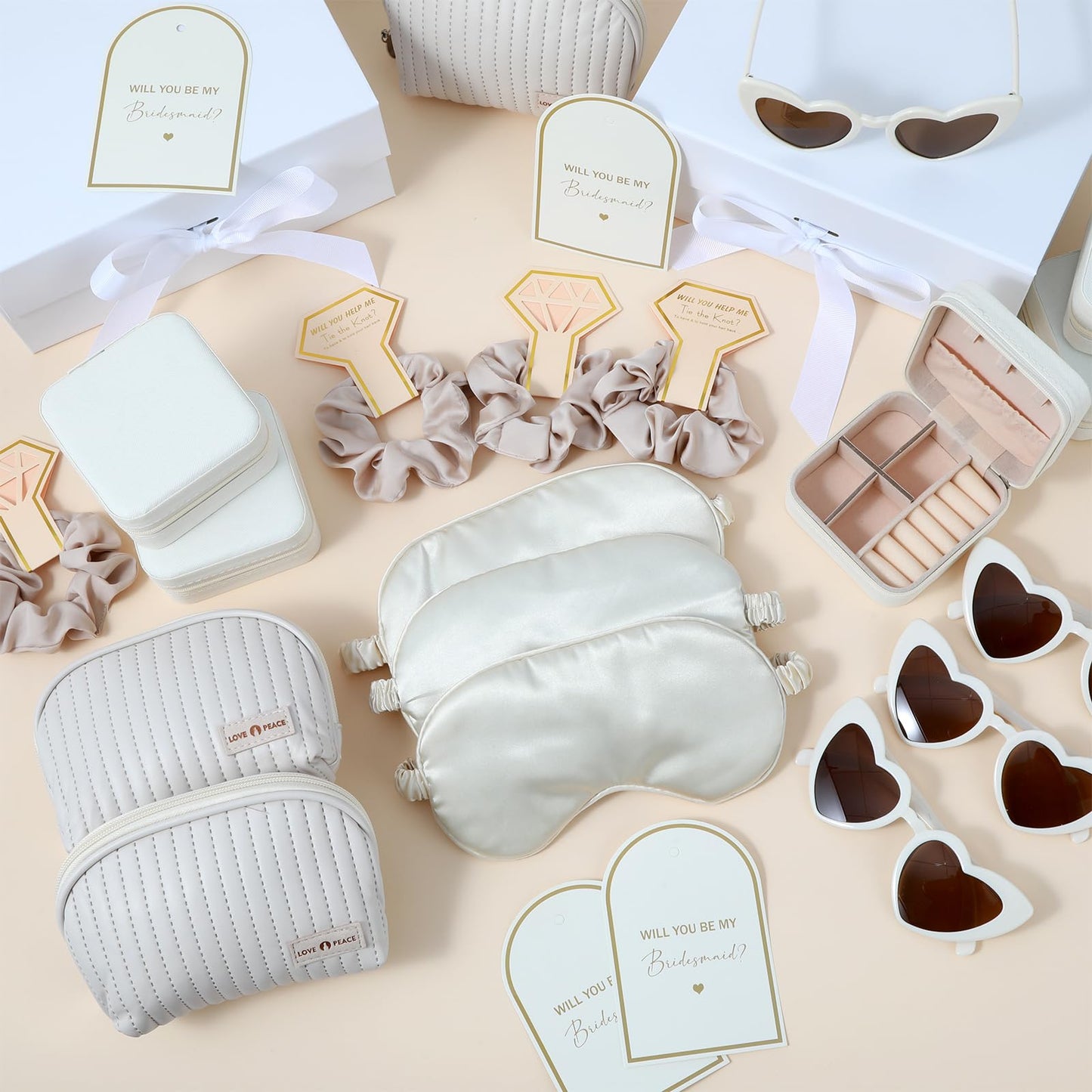 43 Pcs Bridesmaid Proposal Gifts Set of 6 Bridesmaid Boxes Bulk Will You Be My Maid of Honor Gift with Makeup Bag Case Eye Mask Glasses Hair Scrunchies Gift Box for Wedding Bride Shower(Beige)