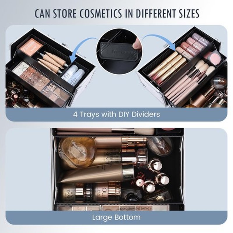 FRENESSA Makeup Train Case Portable Cosmetic Box Organizer 4 Trays Aluminum Makeup Case Storage with Divider Lockable for Makeup Artist, Crafter, Makeup Tools Elagant Silver Rose