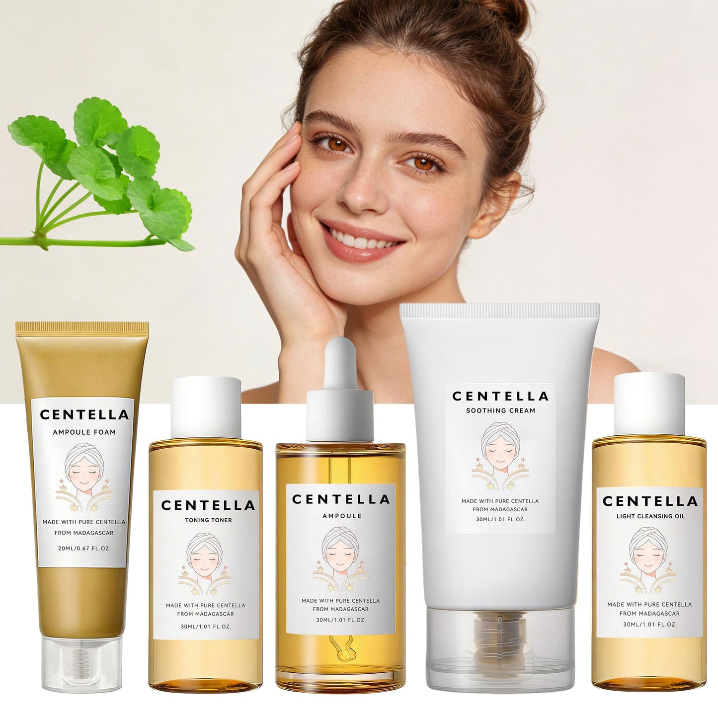 Centella Skincare Set for Women & Teens with Toner, Ampoule, Soothing Cream, Cleansing Oil, Ampoule Foam - Travel Basic Skincare Trial Mini Kit Gift Box Holiday Korean Skin Care Set