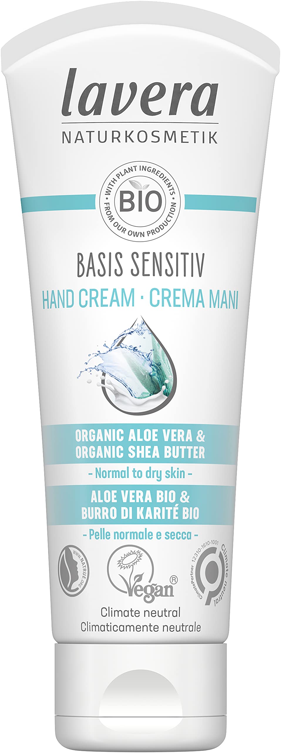 lavera Basis Sensitive Hand Cream - Hand Lotion with Aloe Vera & Shea Butter for Smooth Hands - Intensive & Moisturizing Care - PETA Certified - Vegan - Made in Germany - 2.5 Fl Oz